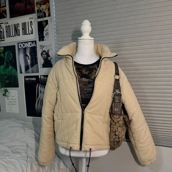 Princess Polly Beige Corduroy Puffer Jacket Women's US 2 Quilted Zip Winter Coat - Picture 1 of 10